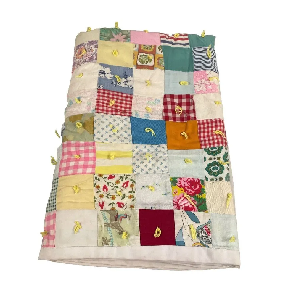 Vintage 1950s Baby Quilt Lot 2 Hand-Tied Patchwork Crib Toddler Blankets Craft